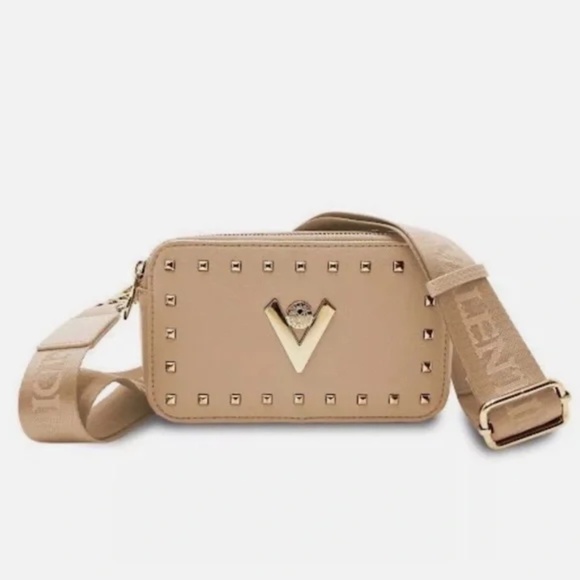 Valentino Orlandi Handbags - NWT Valentino Orlandi Studded Double Zip Camera Crossbody Bag – Taupe